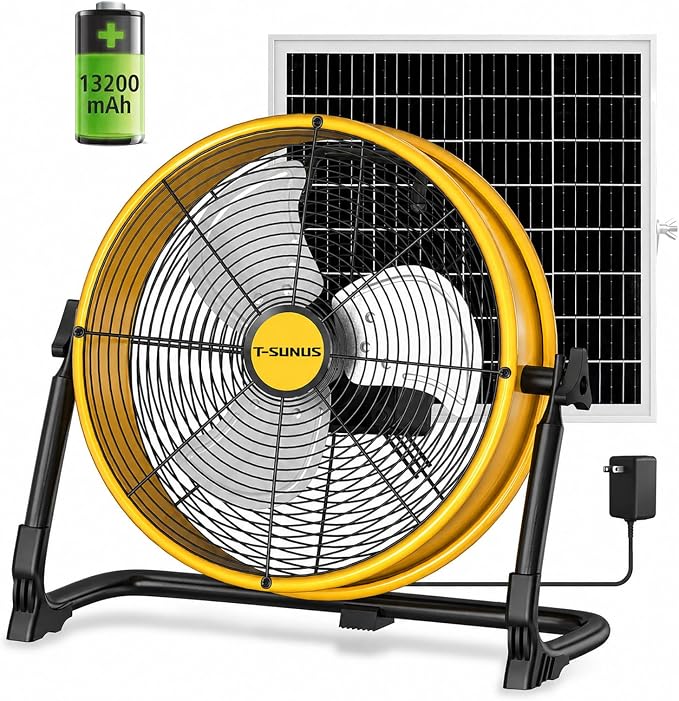 T-SUNUS 12" Solar Powered Floor Fan, Rechargeable Battery Battery Powered Fans 13200mAh & 20W Panel, 1500 CFM Metal Cordless Fan, 4.5–27H Runtime for Outside Camping Garage Greenhouse Power Outage