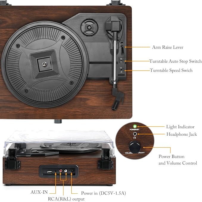 Vinyl Record Player with Built-in Speakers and USB,Belt-Driven Bluetooth Turntable with 3 Speed AUX Input Headphone Jack and RCA Output Vintage Wooden Coffee