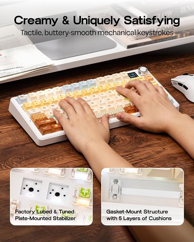 EPOMAKER X Aula F75 MAX Wireless Mechanical Keyboard with TFT Screen and Knob, Gasket Keyboard in 75% Layout, Hot Swappable Gaming Keyboard for PC/Mac/Linux (Caramel)