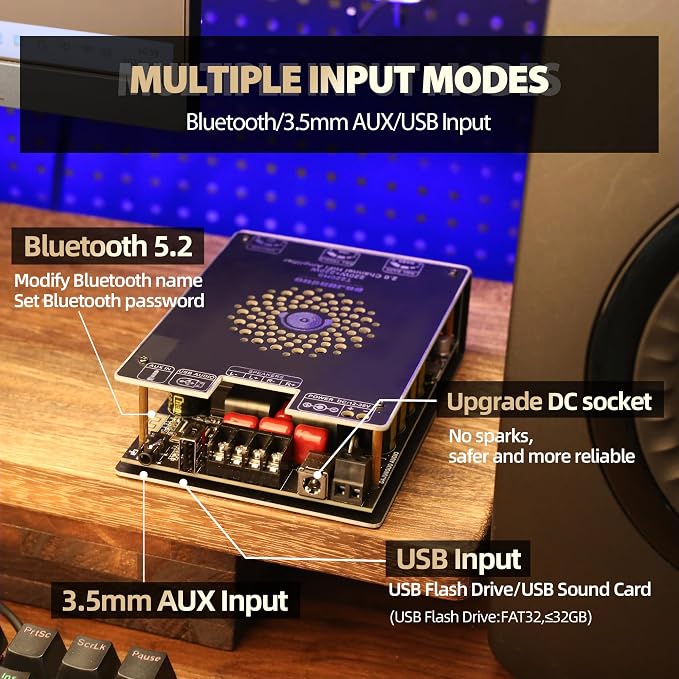 440W Audio Amplifier Board with Treble and Bass Control, TPA3251 Chips, DC 12-36V, Bluetooth 5.2 and AUX Inputs, 2.0 Channel Stereo AMP Board for DIY Wireless Speakers