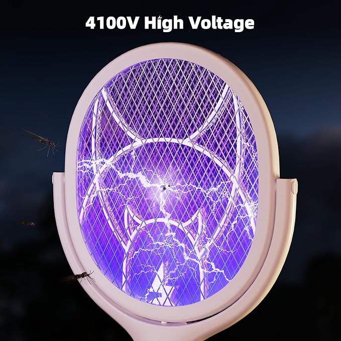 Nymrix Electric Fly Swatter Racket with Rotating Head & Telescopic Handle, 2-in-1 Bug Zapper, 4100V Rechargeable Mosquito Killer with 2600 mAh Battery for Indoor & Outdoor Use (White, 1 Pack)