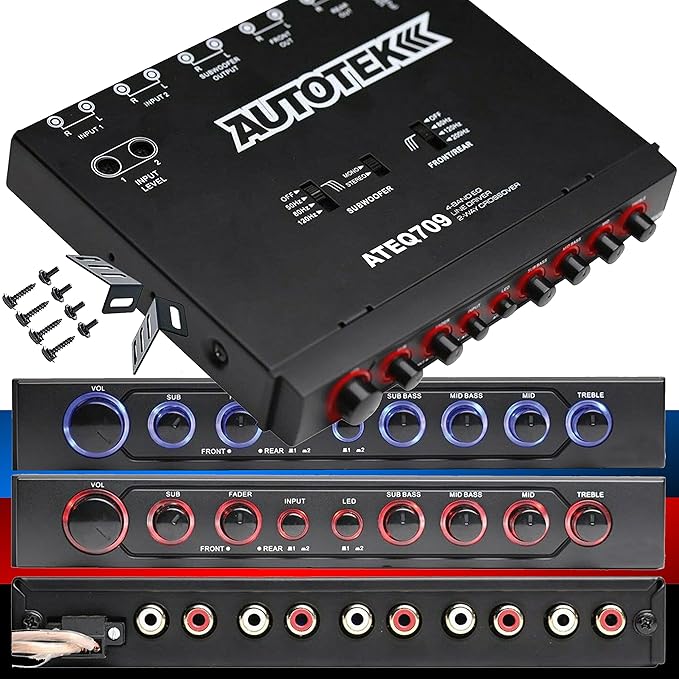 Autotek ATEQ709 4-Band Audio Equalizer with Built-in 2-Way Crossover, 9 Volts, 1/2 DIN, re-amp EQ with Front/Rear Active Crossover, and Selectable 12dB high-Pass Crossover,Black