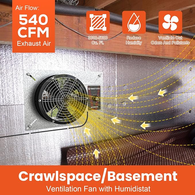 Abestorm 540CFM IP-55 Rated Crawlspace Ventilation Fan with Humidistat Thermostat, 8.7inch Basement Vent Fans with Isolation Mesh, Ventilator Fan for Crawl Space Basement Garage Attic Grow Tent