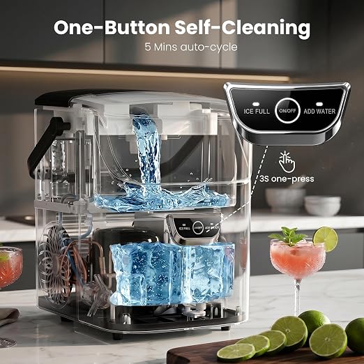 AGLUCKY Nugget Ice Makers Countertop with Handle, Crushed Ice Ready in 5 Mins, 35lbs/Day, Self-Cleaning, Portable Ice Machine with One-Click Operation for Home/Kitchen/Party/RV/Camping
