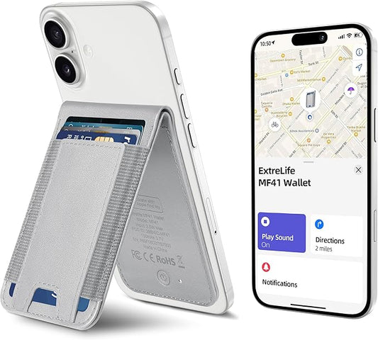 ExtreLife MagSafe Wallet, Work with Apple Find My, Magnetic Phone Wallet Stand for iPhone 17/16/15/14/13/12 Series, 8 Card Holder, RFID Blocking, Rechargeable, Grey