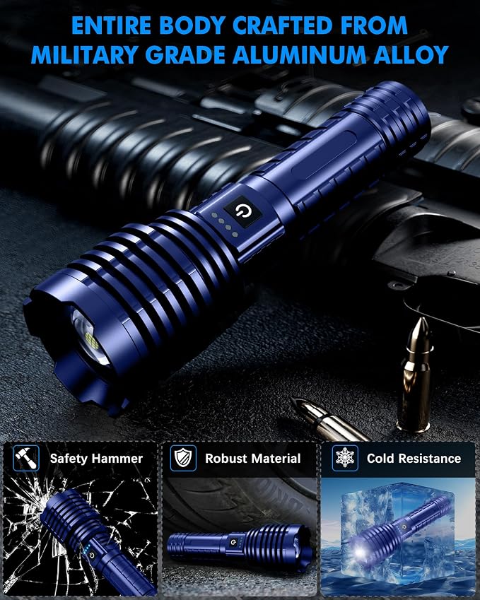 Super Bright Rechargeable LED Flashlights, 2500,000 True High Lumens, Powerful Tactical Flashlight Up to 25H Long Battery Life |Zoomable|5Light Modes|IP67 Water Resistant for Camping (Blue)