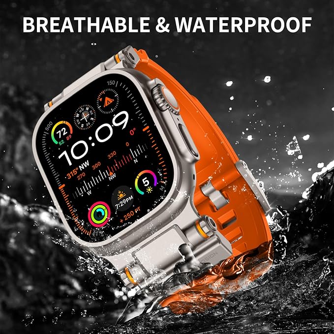 FOAMUNOC Rugged Band Compatible with Apple Watch Ultra 3/2/1 Band 49mm/46mm/45mm/44mm/42mm, Metal Connector with Strap for iWatch Ultra Series 11/10/9/8/7/6/SE3/SE2/SE/5/4/3/2/1, Orange/Titanium