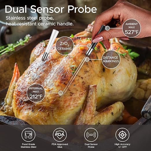 750ft Wireless Meat Thermometer Long Range for Smoker, BBQ & Rotisserie, 2 Probes Smart Bluetooth Thermometer Dual Sensor Waterproof Probe with LCD Base Station Display & App Control