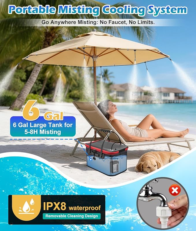 Portable Misting Systems for Patio, Outdoor Water Cooling Misting Kit with 6000mAh Water Pump IPX8, DIY Misters for Outside Garden, Greenhouse, Fan, Umbrella, Canopy, Pasture, Camping(22L Bucket)