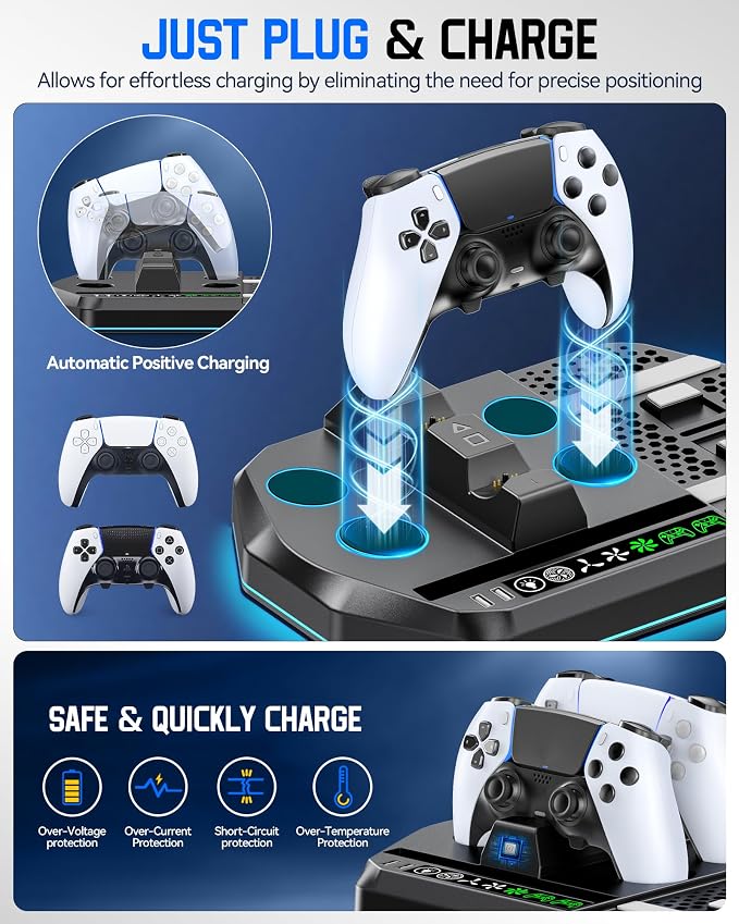 Cooling Station with Controller Charger for PS5/Slim/Pro, PlayStation 5 Vertical Stand for Disc & Digital Console, Dual PS 5 Controller Charging Station with 3 Level Cooling Fan, PS5 Accessory - Black
