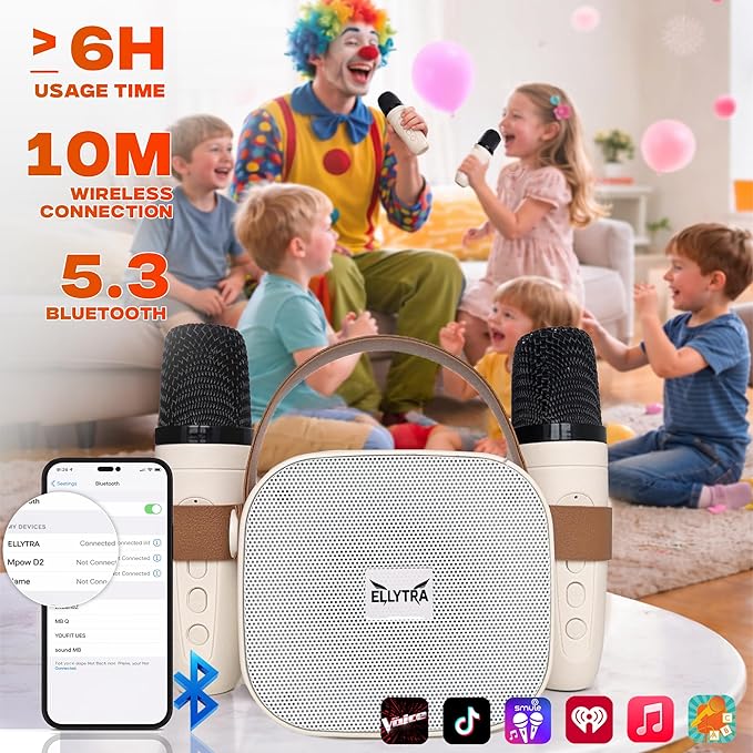 Kids Karaoke Machine with 2 Wireless Rechargeable Microphones, Portable Bluetooth Speaker with RGB Lights, Mic & Phone Holder, Beige - Birthday Gifts for Girls Boys