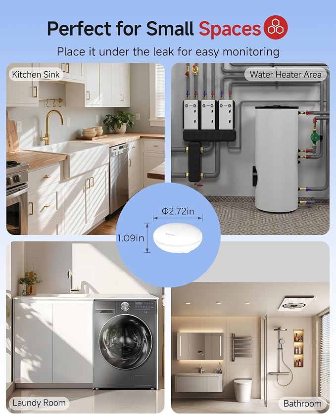 Heiman Water Leak detectors for Home, Water Sensor Alarm Leak Detector, Battery Operated Water Sensor for Basement/Pipe/Drain/Sink/Bathroom/Kitchen/Toilet/Laundry Room, 1 Pack（Not Include Gateway