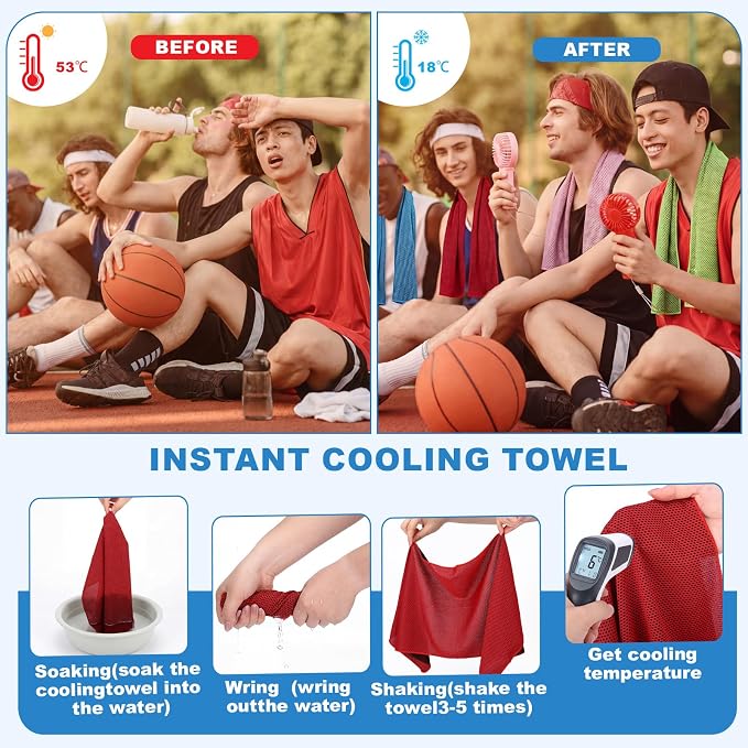 Retisee 24 Pcs Cooling Towel Mini Portable Fan Set 32 x 12 Inch Ice Towel Chilly Handheld Battery Powered Fan Cooling Sport Gifts for Travel Makeup Yoga Camping Running Summer(Fresh,Multicolor)