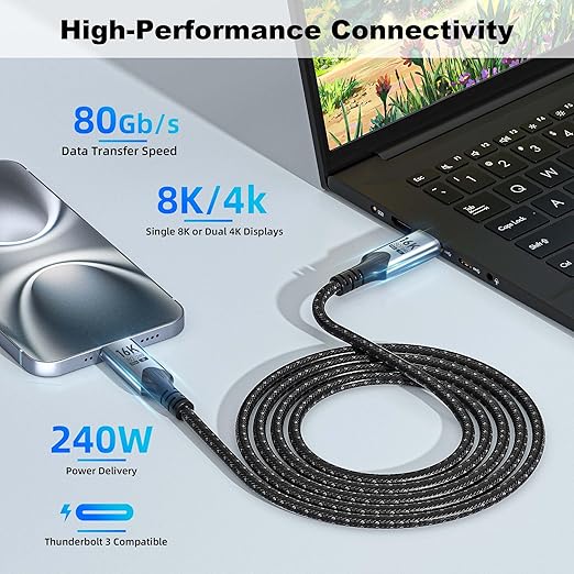 Short USB c to USB c 2 Pack 1FT/0.3M Compatible with Thunderbolt 5 Cable high Speed 80Gbps Data Transfer,16K/8K/4K Video,Type c to Type c 240W PD Fast Charging for Thunderbolt 4/3,
