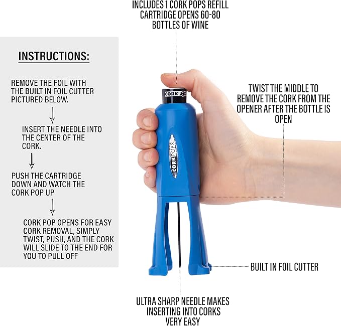 Cork Pops Legacy Wine Opener Built-in 4-Blade Foil Cutter Safe Cork Removal, Effortless Push Button Use, Needle Guard for Safety, Low-Pressure Cartridge Opens Up To 60 (Blue, With 3 Cartridges)