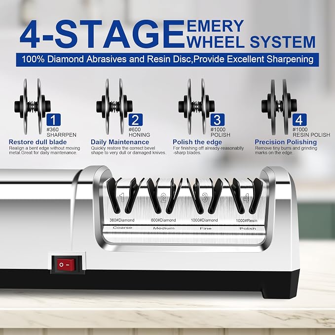 YBSVO 4-Stage Professional Electric Knife Sharpener | Heavy Duty Diamond Sharpening System for Straight & Serrated Knives - Quiet Motor for Kitchen & Chef Use