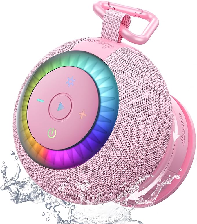 Bluetooth Shower Speaker Waterproof IPX7: Removable Vacuum-Lock Suction Cup, 360° Surround Sound, RGB Light, Portable Wireless Speaker for Beach, Pool, Kayak, Back to School Gifts for Adult Teen-Pink