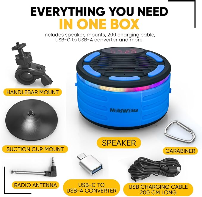 IPX7 Waterproof Portable Bluetooth Speaker with Digital Watch, for Shower, Pool, Beach, Bike, Includes MTB Handlebar Holder, Suction Cup & Carabiner, RGB Lights, FM Radio, USB-C - Gifts