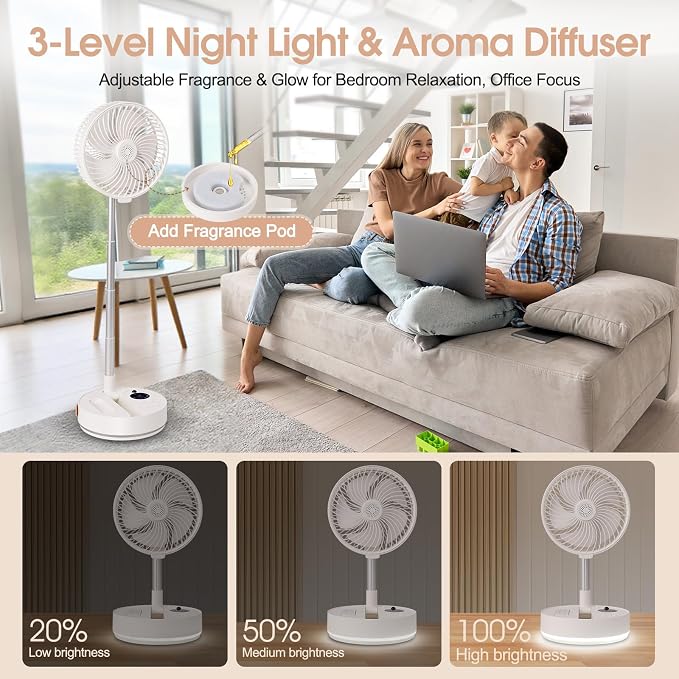 10800mAh Oscillating Portable Fan, Foldable Rechargeable Standing Fan with Remote, 4 Speeds, 2-8H Timer, Aroma Diffuser, 3-Level Night Light, Quiet Cooling for Camping Travel Office Bedroom