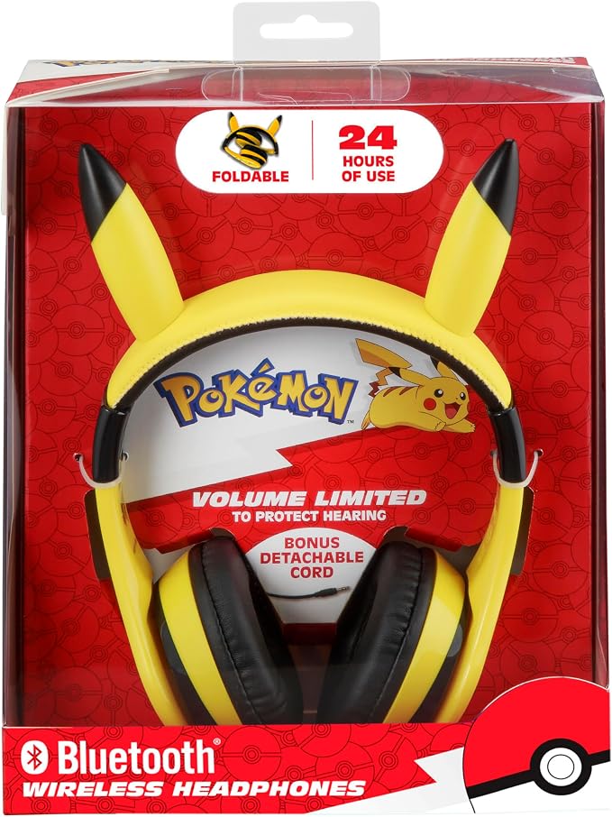 eKids Pokemon Kids Bluetooth Headphones, Wireless Headphones with Microphone Includes Aux Cord, Volume Reduced Kids Foldable Headphones for School, Home, or Travel,Yellow