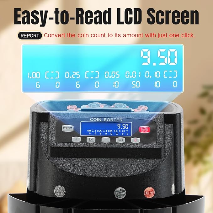 Coin Counter 270 Coins/Min 300-Coin Capacity, USD Coin Sorter and Wrapper Machine with LCD Display, Automatic Change Counter for 1¢ 5¢ 10¢ 25¢ $1, Includes 5 Coin Bins, 5 Tubes & 5 Wrappers