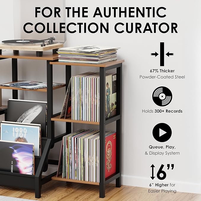 Record Player Stand With Vinyl Storage - Tall 36" Turntable Cabinet With Storage - Mid Century Modern Record Player Table - Vinyl Record Storage Shelf For 300+ Albums