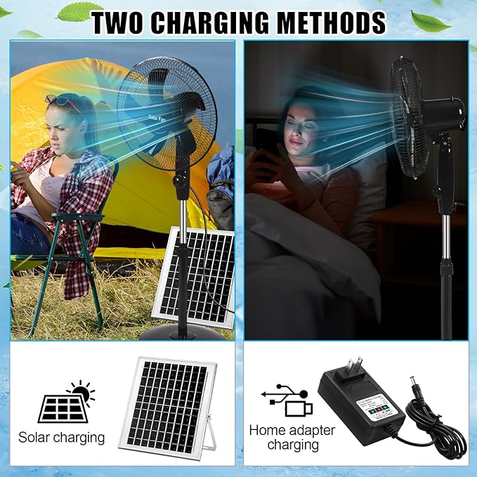 Blosssound 16 Inch Portable Solar Floor Fan Rechargeable Oscillating Standing Pedestal Fan with Solar Panel, 12000mah Battery, Two Charging Methods, 3 Speeds for Home Office Outdoor (Black)