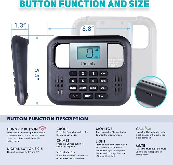 Wireless Intercoms for Home & Office, Two-Way Real-time Full-Duplex Voice System with Offline Voice Control & Monitor Function, Clear Sound, Up to 800 Meters (1/2 Mile) Range (UT-001-1F2P)