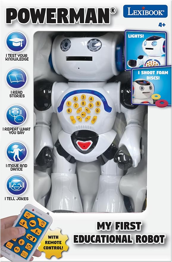 LEXiBOOK Powerman - Remote Control Walking Talking Toy Robot, Dances, Sings, Reads Stories, Math Quiz, Shooting Discs, and Voice Mimicking, for Kids 4+ - ROB50US