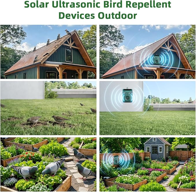 2026 New Solar Ultrasonic Bird Repellent Outdoor, 2 Pack Woodpecker Deterrent for House,Waterproof Pigeon Goose Bird Deterrents for Outside,Birds Repeller Scare Devices for Balconies Garden Orchard