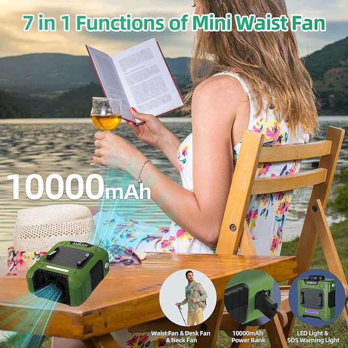 AMKEN Waist Fan, 10000mAh Rechargeable Belt Clip Fan, 24H Runtime, 49ft/s Strong Airflow, 3-Speed 7-in-1 Hands-Free Wearable with LED SOS Warning Light for Jobsite, Warehouse, Camping, Outdoor Work