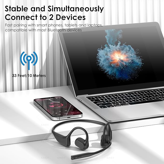 Gixxted Open Ear Headphones with Mic, Bluetooth Headset with Microphone, Dual Connect Bluetooth 5.3 with AI Noise Cancelling Mic & Mute Function, Wireless Headset for Work, Sports, Drive