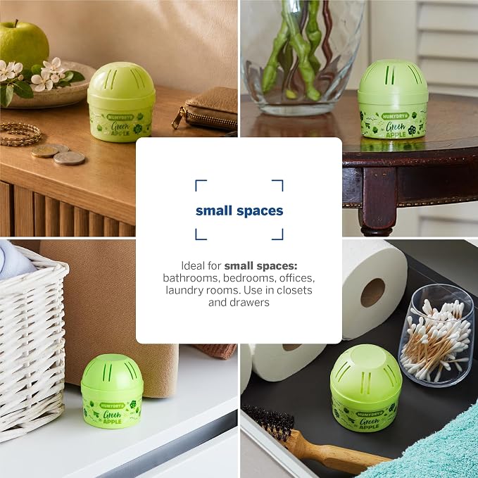 HUMYDRY Moisture Absorber Device, Mini Pack of 12 2.6oz, Up to 500 Days of Moisture and Humidity Control, Fights Summer Humidity, Green Apple Air Freshener, Small Space Dehumidifier, Non Electric
