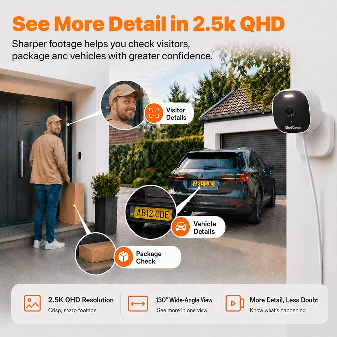 AlfredCam Plus 2 Smart Home Security Camera 2.5K, WiFi 2.4 & 5GHz, Indoor/Outdoor, IP65 Waterproof, LED Spotlight, Two-Way Audio, Color Night Vision, Baby/Pet Cam, App Powered (100M+ downloads)