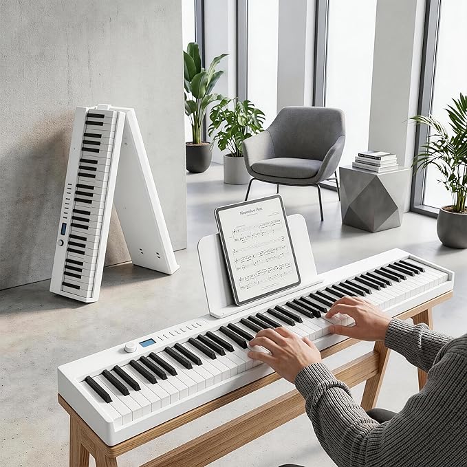Carina Piano Keyboard, 88 Keys Full Size Semi Weighted Foldable Piano, Portable Electronic Keyboard Piano, Sustain Pedal, Keyboard Stickers, Music Stand and Piano Bag (White)