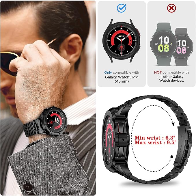 SUPLINK Stainless Steel Case Bands Compatible with Samsung Galaxy Watch 5 Pro Band 45mm, Metal Protective Rugged Bumper for Samsung Watch 5 pro Band for Men, Black