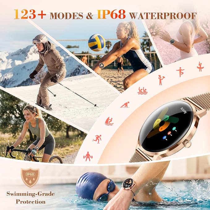WalkerFit Smart Watches for Women, 1.32" AMOLED Curved Screen Fitness Tracker, Bluetooth Call for Android and iPhone, IP68 Waterproof Smartwatch, Wireless Charging, Heart Rate Tracker Rose Gold