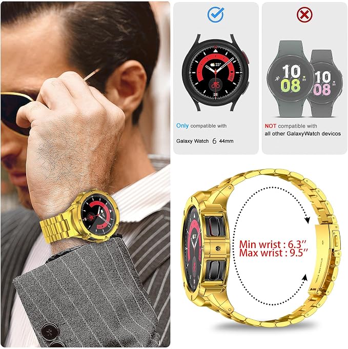 SUPLINK Metal Case and Band Compatible with Samsung Galaxy 6 Watch band Men, Stainless Steel Protective Case Bumper Bands for Samsung Watch 6 44mm, Gold