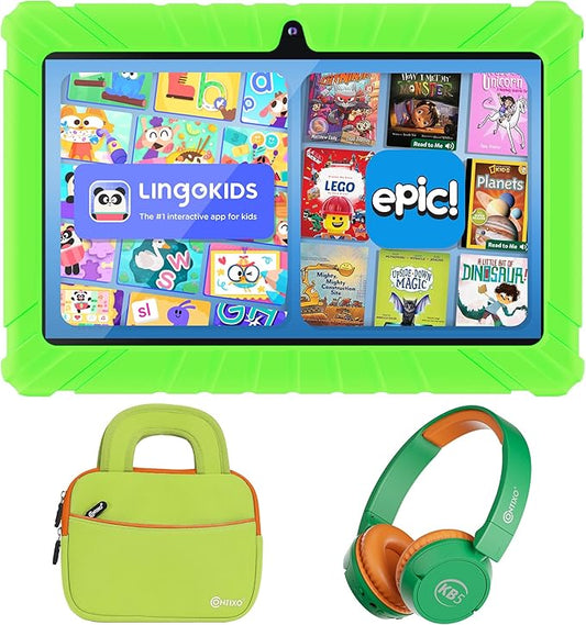 Contixo V8 Kids Tablet Bundle 7 Inch with Bluetooth Headphones & Sleeve Bag – Android 11 Go, 32GB, Parental Controls, Kid-Proof Case, HD IPS Touchscreen, Dual Camera, WiFi, Ages 3-12, Green