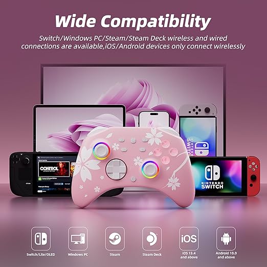 Mytrix Wireless Controllers for Switch/Switch 2, Windows PC iOS Android Steam/Steam Deck, Sakura Pink Bluetooth Controller with Programmable, Hall Effect Joysticks, Adjustable LED Light/Turbo/Vibration