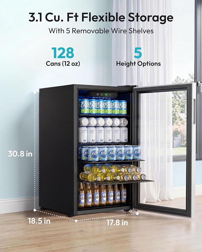 EUHOMY Beverage Refrigerator and Cooler, 128 Can Mini fridge with Glass Door, Small Refrigerator with Removable Shelves for Soda Beer or Wine, Perfect for Home/Bar/Office, Silver