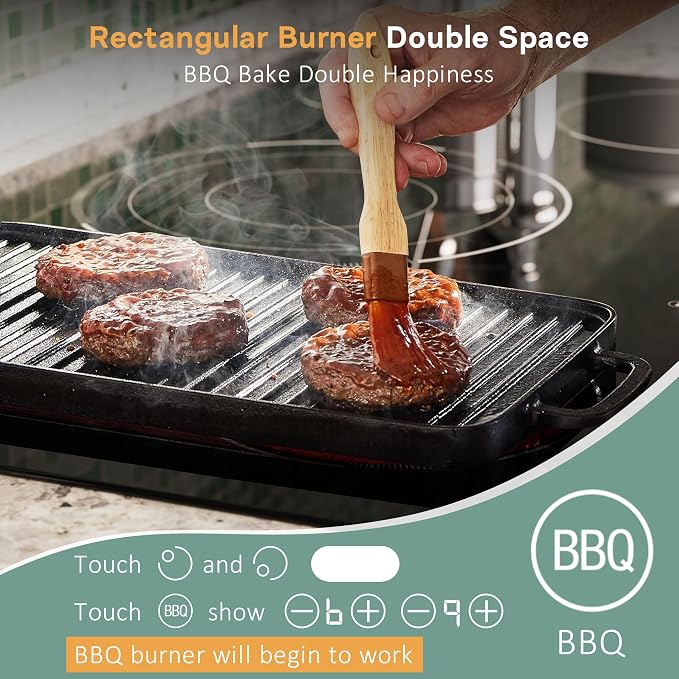 36 Inch Electric Cooktop 5 Burner, Built-in Electric Stovetop with Flexible Bridge & Triple Ring Burner, 9600W Cooktop Electrics with BBQ Burner, Timer, Safety Lock,Pause, 220V-240V Hard Wire