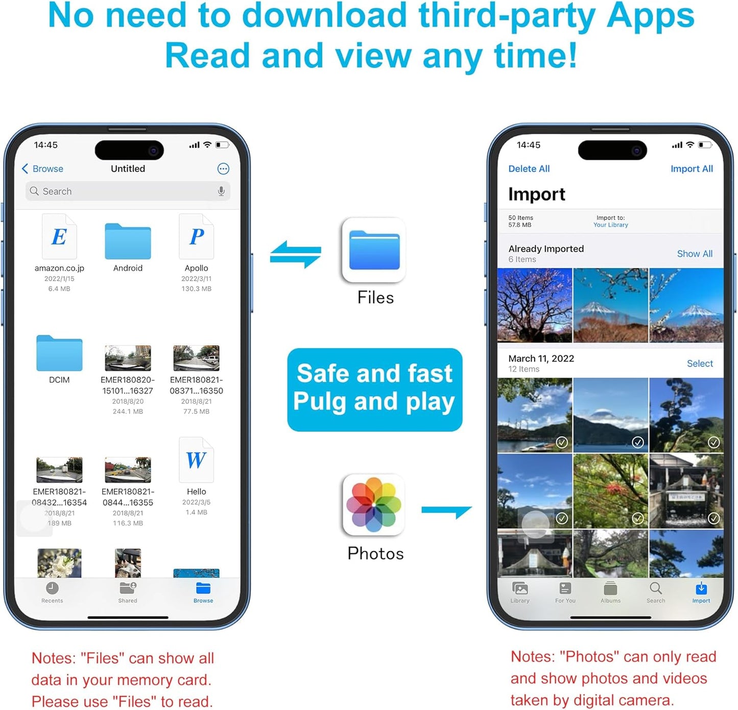 SD Card Reader for iPhone, Memory Card Reader with Dual Slot for SD/TF Card Plug and Play Trail Game Camera SD Card Viewer Lightning to MicroSD Card Camera Adapter for iPad No App Required