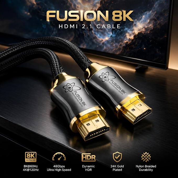 Fusion8K Certified HDMI 2.1 Cable 48Gbps 15 Feet - 10K 8K@60Hz 4K@120Hz 144Hz | eARC HDR10 Dolby Vision HDCP 2.3 | Braided Cord for PS5, Xbox Series X, Apple TV 4K, Roku, OLED TV