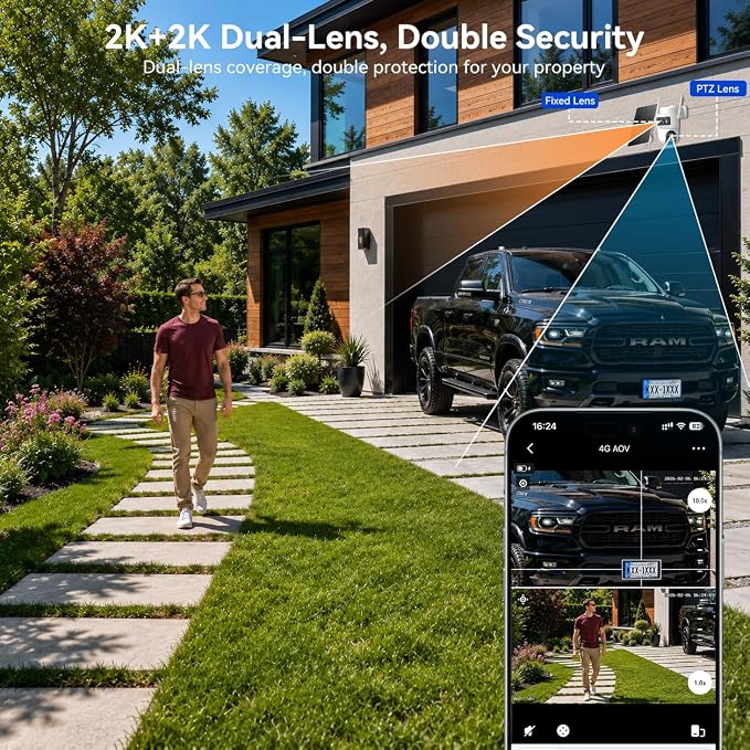 2K Dual Lens 4G LTE Solar Outdoor Security Camera, No WiFi Needed | 24/7 continuous recording,10W solar panel,13500mAh battery,human auto tracking,Ideal for farm&construction site,cabin,barn