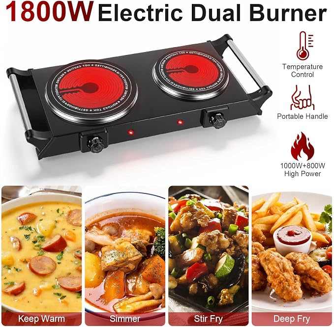 1800W Electric Double Burner, Portable Electric Stove, Hot Plate Countertop with Adjustable Temperature & Stay Cool Handles for RV Camping Home Dorm