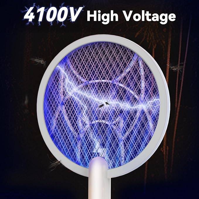 Nymrix Electric Fly Swatter Racket, 2 in 1 Mosquito Bug Zapper 4100V Max Handheld Mosquito Killer with 1800 mAh Rechargeable Battery, Purple Light and 3-Layer Safety Mesh for Indoor Outdoor Grey
