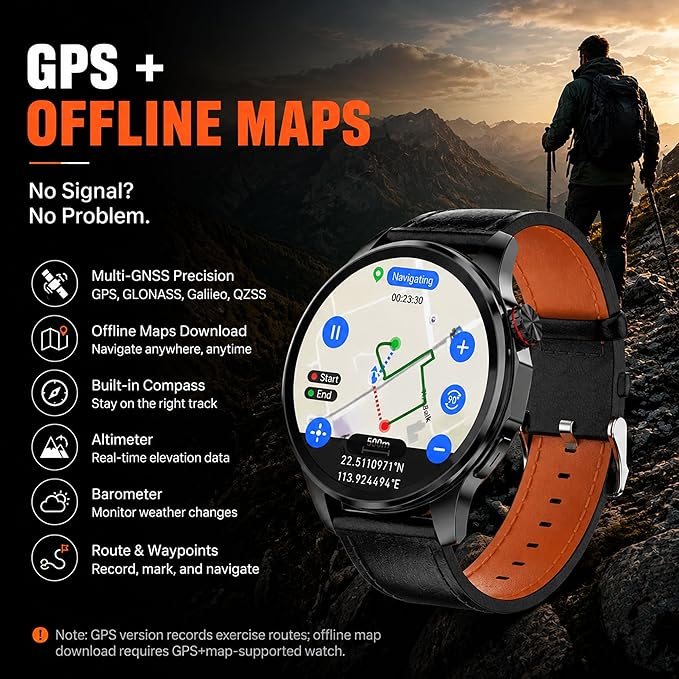 Smart Watch for Men with GPS Offline Maps, 1.46"AI Smartwatch, BT Call/Text Reply, Heart Rate/ Sleep Monitor/Health Analysis, 100+ Sports, 5ATM Waterproof Fitness Tracker for Android iOS – 2 Bands