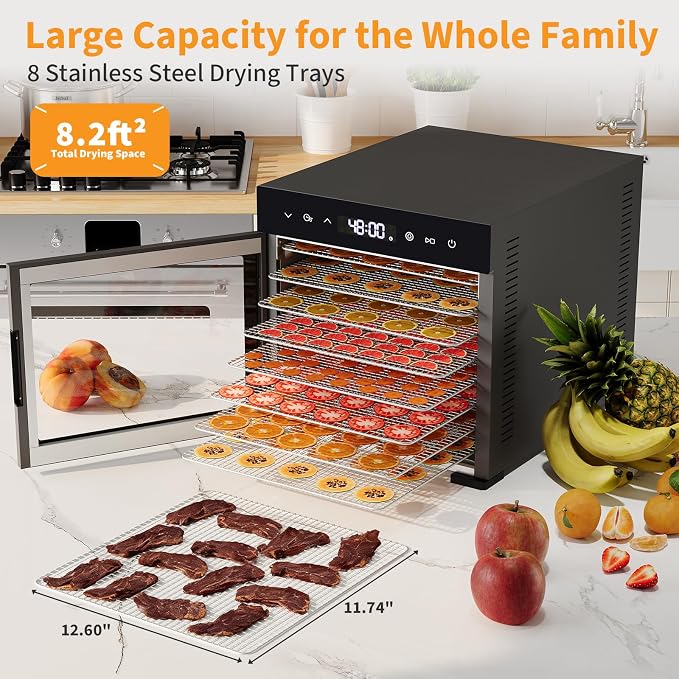 NEWBULIG 8 Stainless Steel Trays Food Dehydrator, 500W High Power Electric Food Dryer, 24 Hours Timing, 185°F Adjustable Temp, Perfect for Fruit, Meat, Jerky, Herbs and Dog Treats