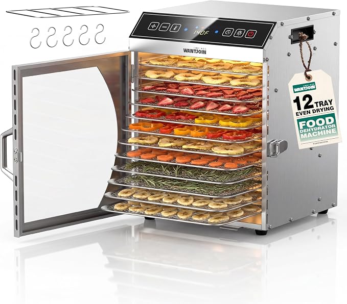 WantJoin Food Dehydrator Machine - 12-Tray Commercial Food Dehydrator w/ 12 Trays, 5 Hooks, Hanging Rack, 86-194℉ Temp, Timer, LED Display, 800W Food Dehydrater For Homemade Jerky Fruit Vegetable